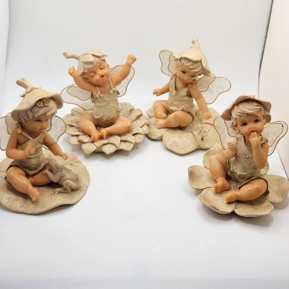 Vintage Pixie Fairy Baby Figurine Set Lotus Flower Resin Cottagecore Whimsical